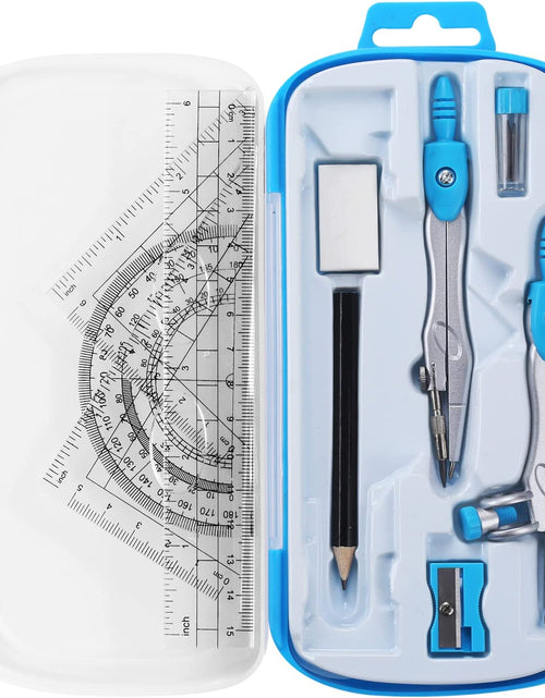 Load image into Gallery viewer, Math Geometry Kit Sets 10 Piece Student Supplies with Shatterproof Storage Box,Includes Rulers,Protractor,Compass,Eraser,Pencil Sharpener,Lead Refills,Pencil,For Drafting and Drawings（Blue）
