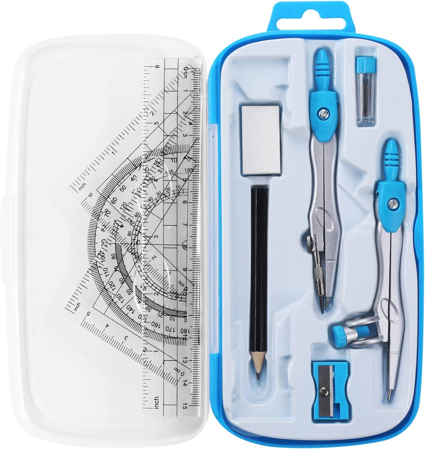 Math Geometry Kit Sets 10 Piece Student Supplies with Shatterproof Storage Box,Includes Rulers,Protractor,Compass,Eraser,Pencil Sharpener,Lead Refills,Pencil,For Drafting and Drawings（Blue）