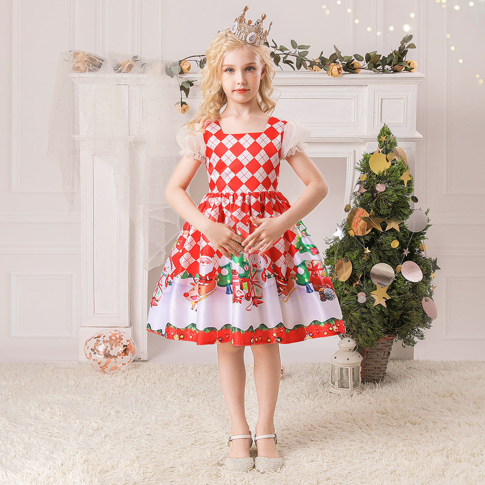 Christmas Children's Dress Cartoon Printing Satin Performance Wear