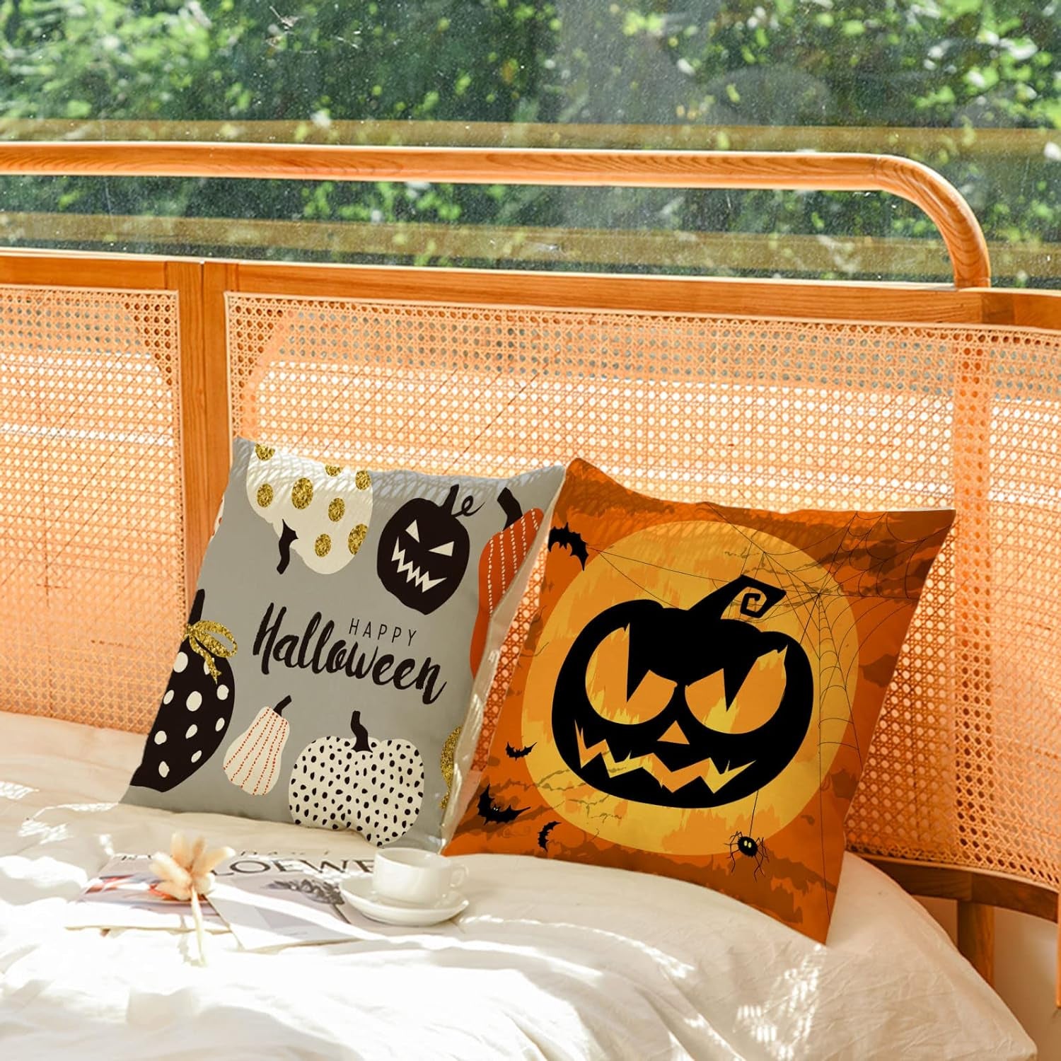 Set of 4 Halloween Pillow Covers 16X16 Inch Trick or Treat Pumpkin Decor Throw Pillow Covers Black Halloween Cushion Covers Linen Square Pillow Cases for Home Outdoor Sofa Couch (16 by 16)