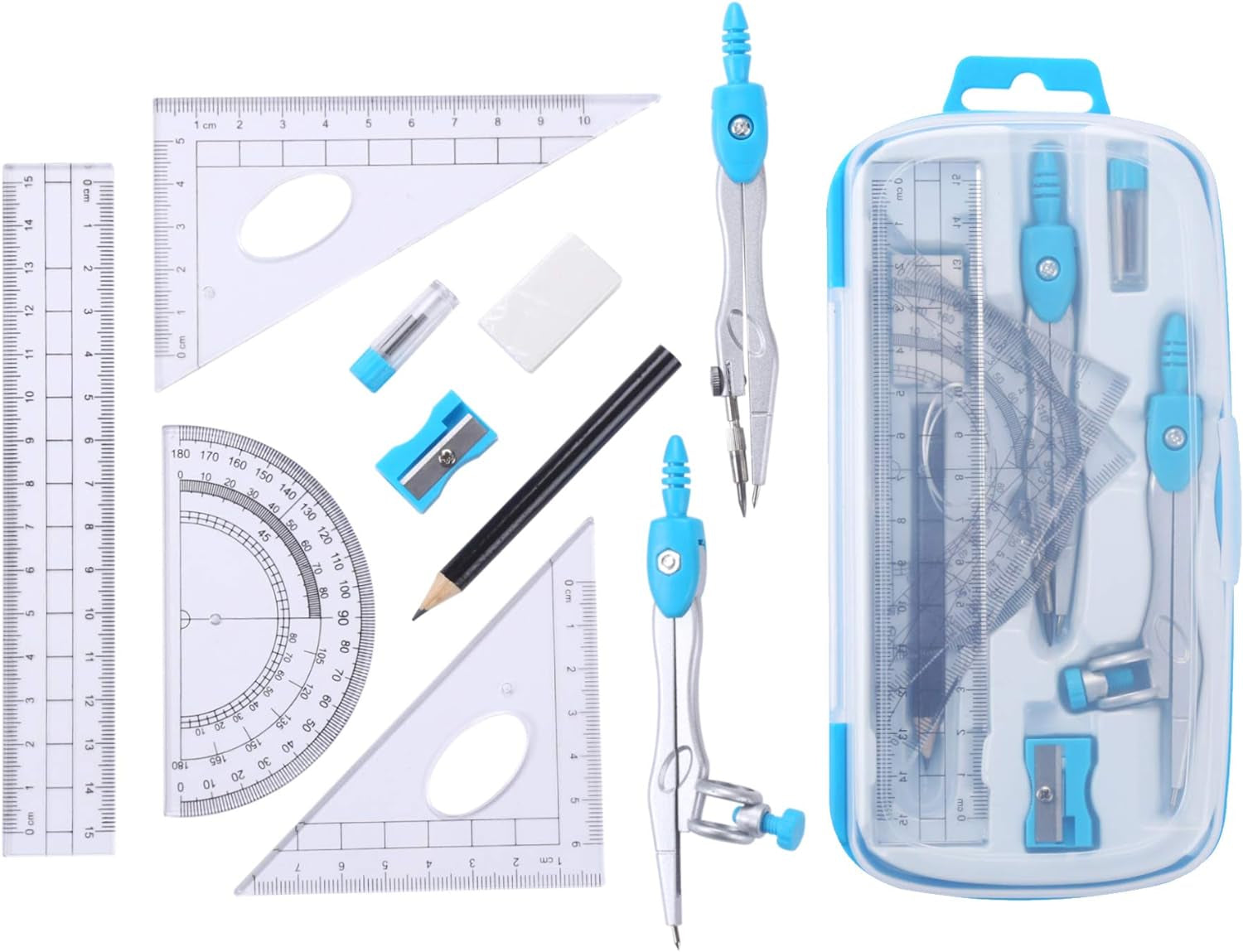 Math Geometry Kit Sets 10 Piece Student Supplies with Shatterproof Storage Box,Includes Rulers,Protractor,Compass,Eraser,Pencil Sharpener,Lead Refills,Pencil,For Drafting and Drawings（Blue）