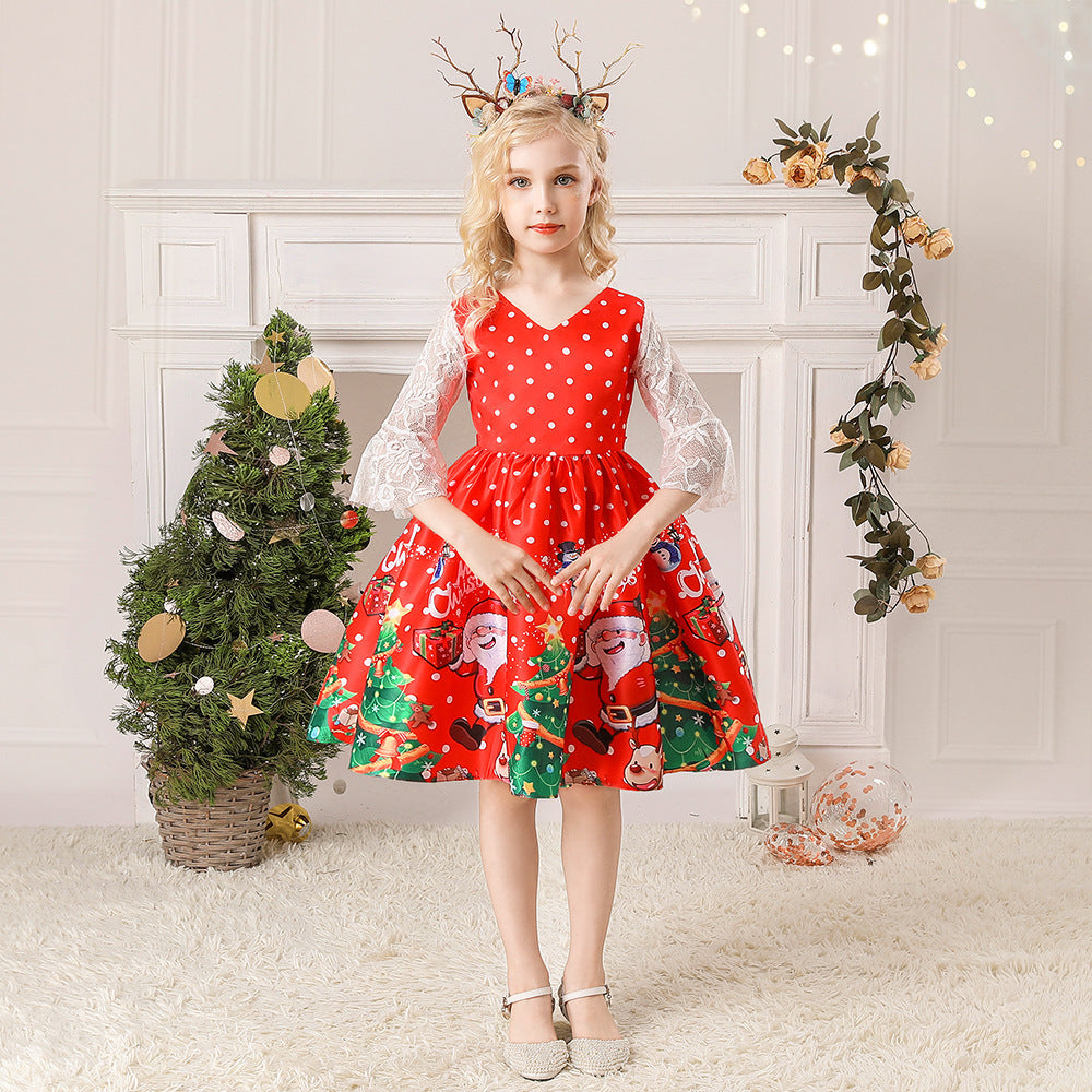 Christmas Children's Dress Cartoon Printing Satin Performance Wear