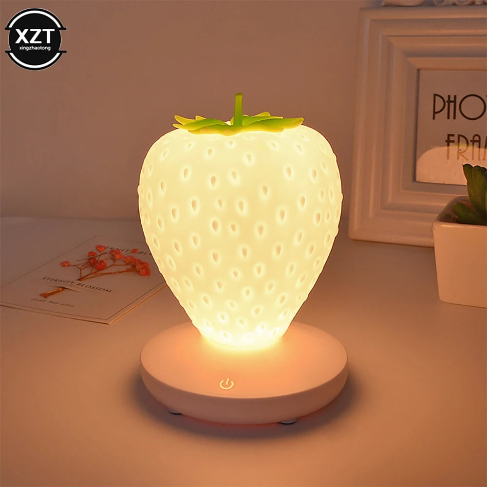 LED Strawberry Lamp for Bedroom Silicon Touch-Sensor USB Rechargeable Dimmable Idyllic Bedside Night Light for House Decoration