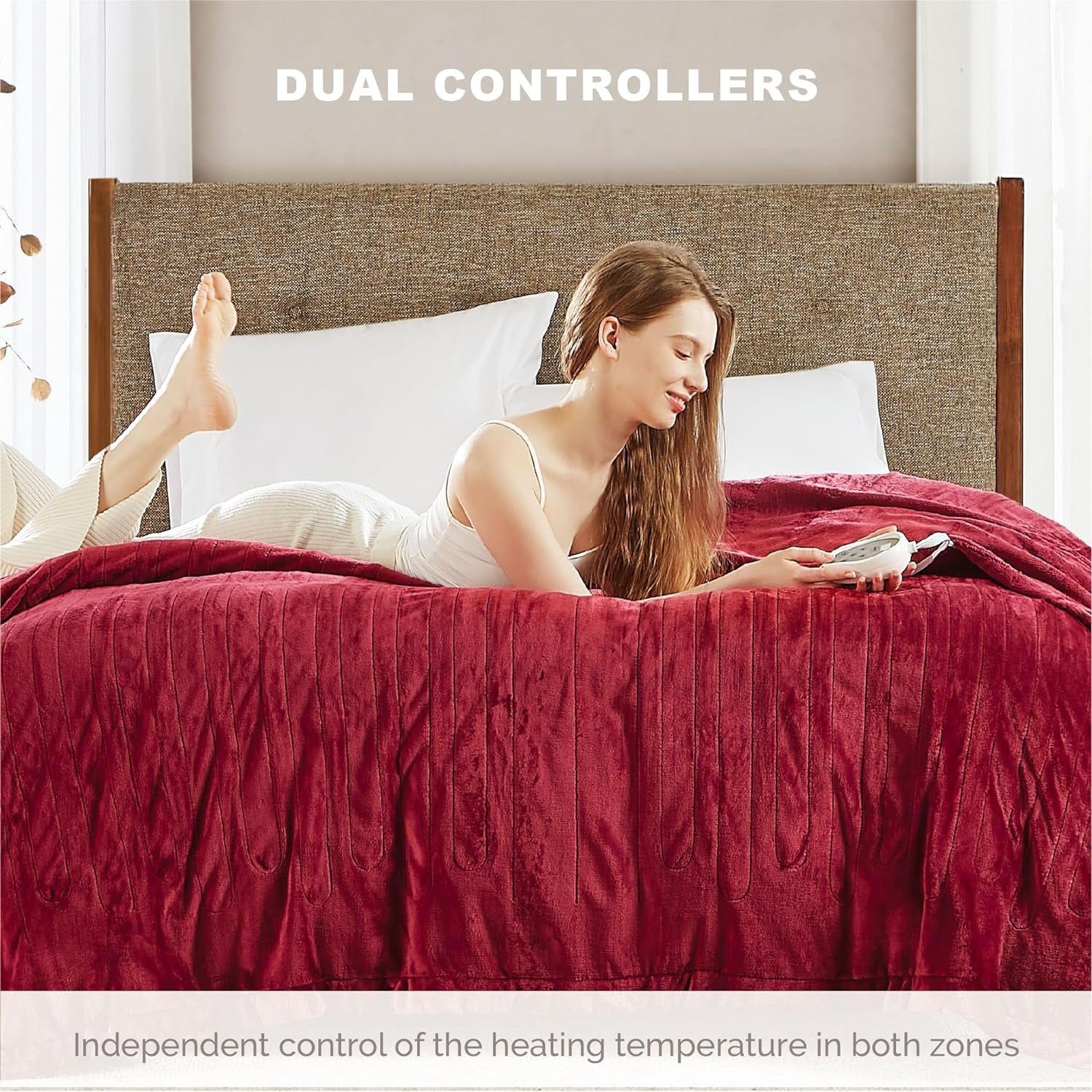 [Advanced] Dual Control Electric Blanket Queen Size W/ Auto Shut off | Microplush Heating Blankets for Bed & Living Room | Machine Washable | UL Certified - Red, 84X90