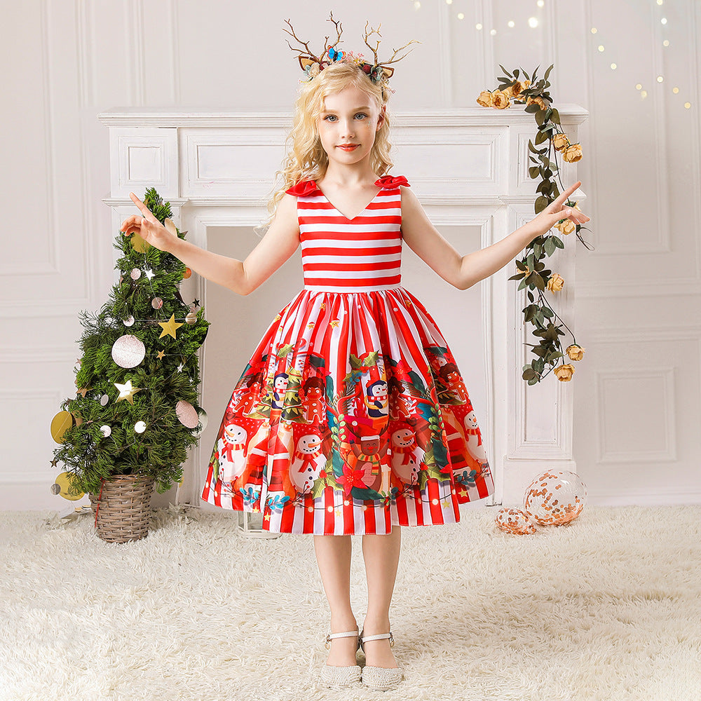 Christmas Children's Dress Cartoon Printing Satin Performance Wear