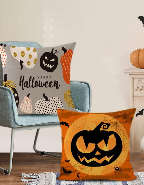 Load image into Gallery viewer, Set of 4 Halloween Pillow Covers 16X16 Inch Trick or Treat Pumpkin Decor Throw Pillow Covers Black Halloween Cushion Covers Linen Square Pillow Cases for Home Outdoor Sofa Couch (16 by 16)
