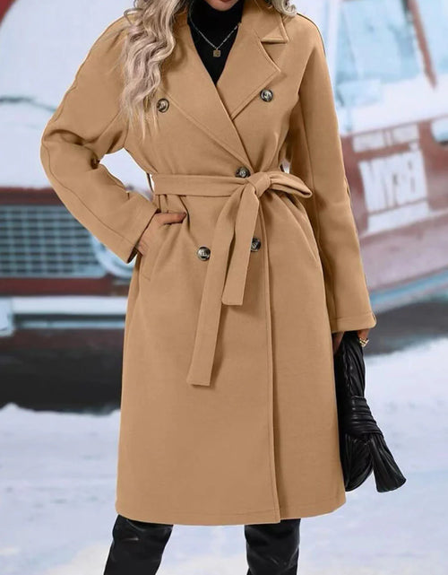 Load image into Gallery viewer, Women&#39;s Double-Breasted Trench Coat with Polo Collar and Lace-Up Belt: Thickened Solid Color Design
