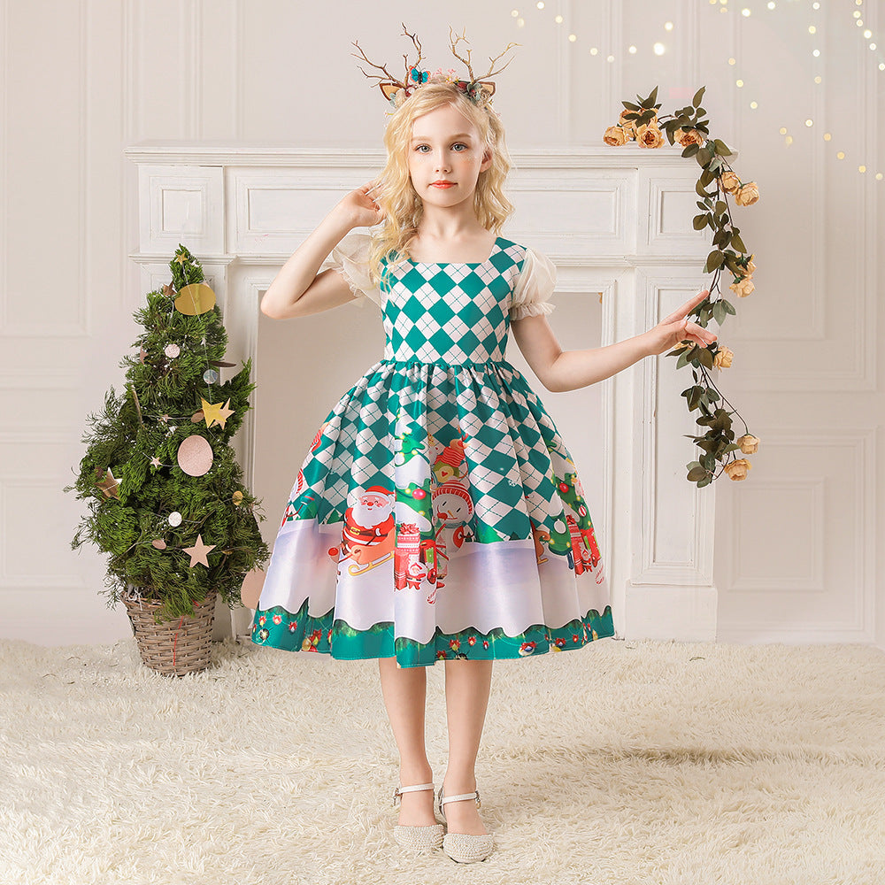 Christmas Children's Dress Cartoon Printing Satin Performance Wear