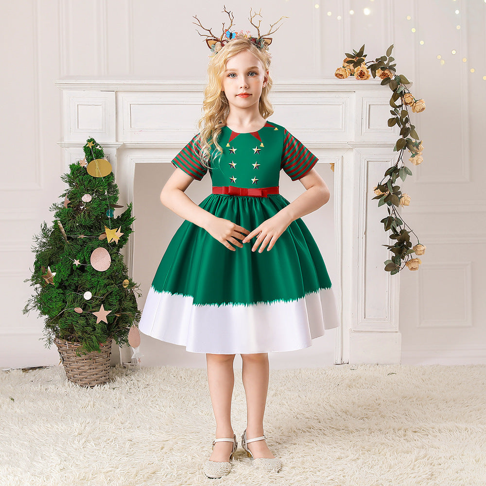 Christmas Children's Dress Cartoon Printing Satin Performance Wear