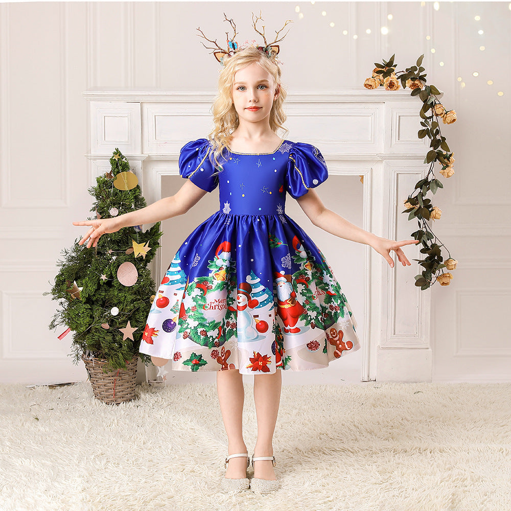 Christmas Children's Dress Cartoon Printing Satin Performance Wear