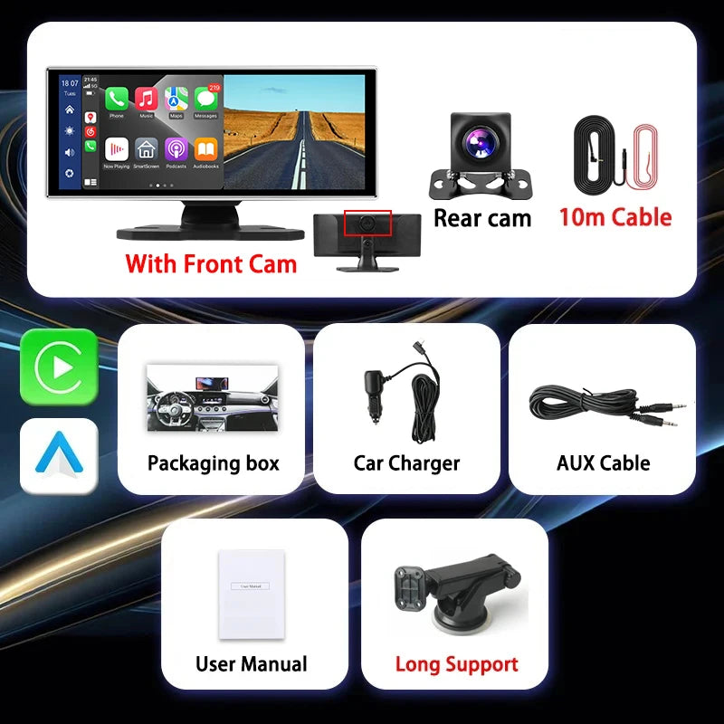 Universal 11.26" 4K Front Cam Car DVR Wireless Carplay Android Auto Video Recorder QLED Screen WIFI AUX FM Dual Lens GPS