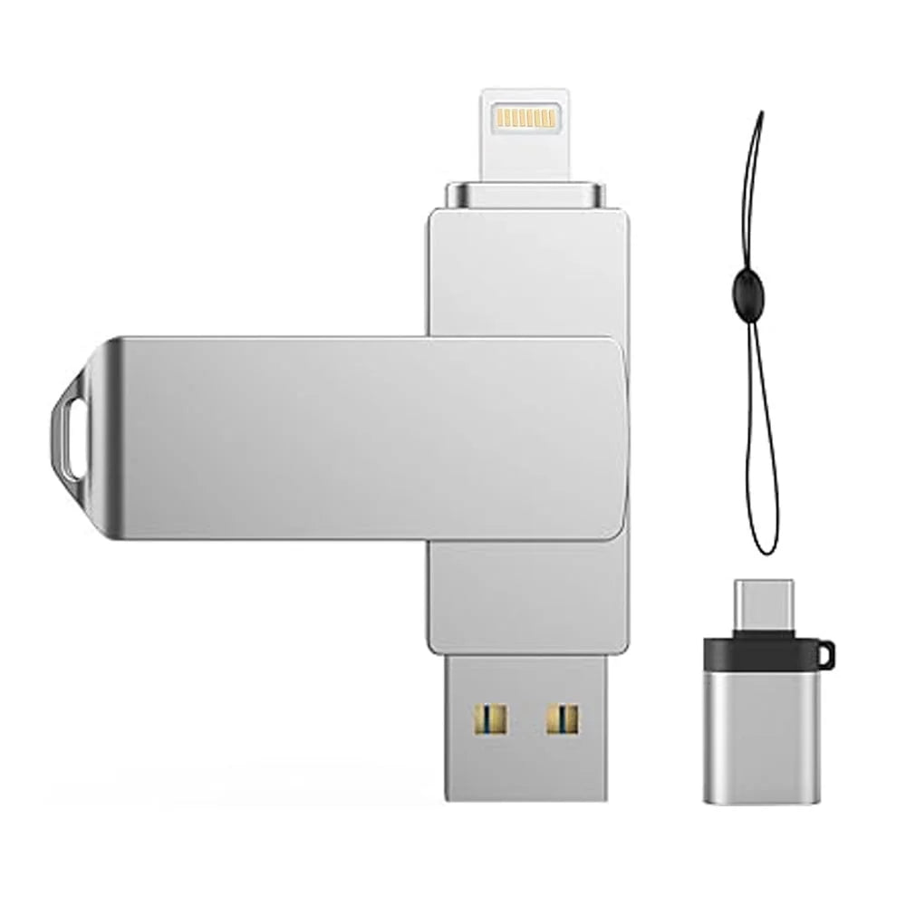 Flash Drive for Iphone, with Lanyard， 128GB USB 3.0 IOS Memory Stick for Iphone / Ipad / Android / Computer, 3-In-1, White