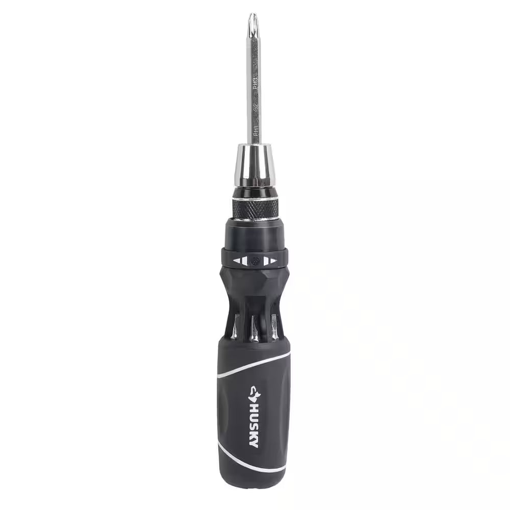 12-In-1 Quick-Load Ratcheting Screwdriver with 6 Driver Blades in Handle