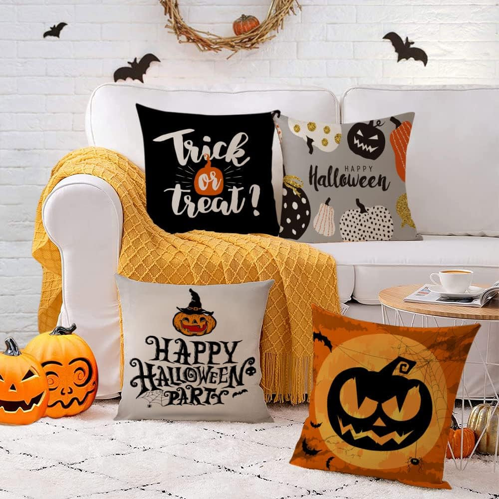 Set of 4 Halloween Pillow Covers 16X16 Inch Trick or Treat Pumpkin Decor Throw Pillow Covers Black Halloween Cushion Covers Linen Square Pillow Cases for Home Outdoor Sofa Couch (16 by 16)