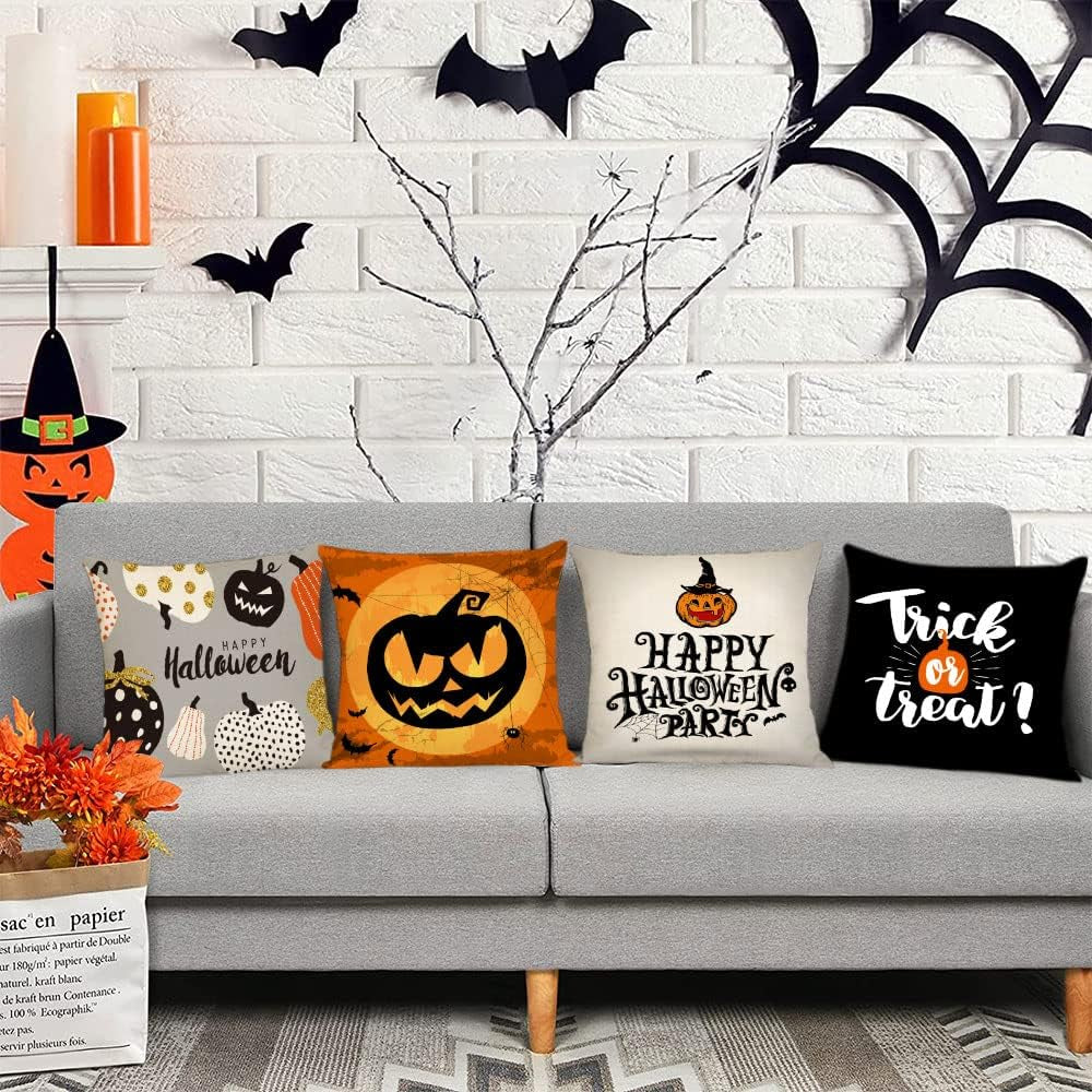 Set of 4 Halloween Pillow Covers 16X16 Inch Trick or Treat Pumpkin Decor Throw Pillow Covers Black Halloween Cushion Covers Linen Square Pillow Cases for Home Outdoor Sofa Couch (16 by 16)