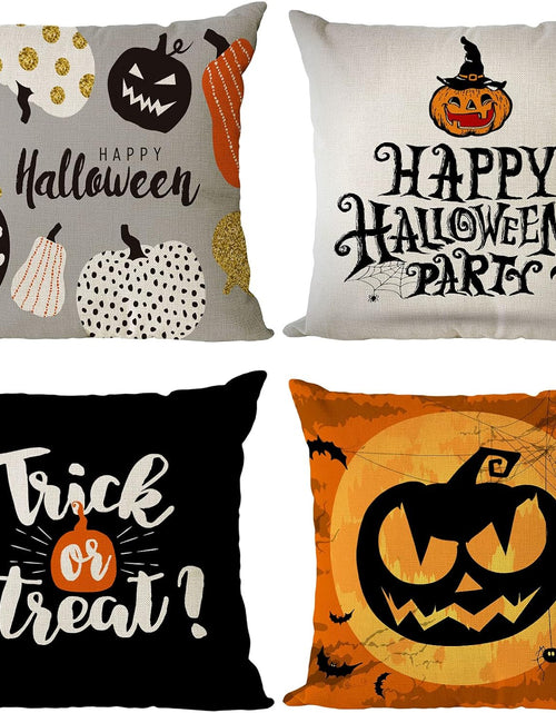 Load image into Gallery viewer, Set of 4 Halloween Pillow Covers 16X16 Inch Trick or Treat Pumpkin Decor Throw Pillow Covers Black Halloween Cushion Covers Linen Square Pillow Cases for Home Outdoor Sofa Couch (16 by 16)
