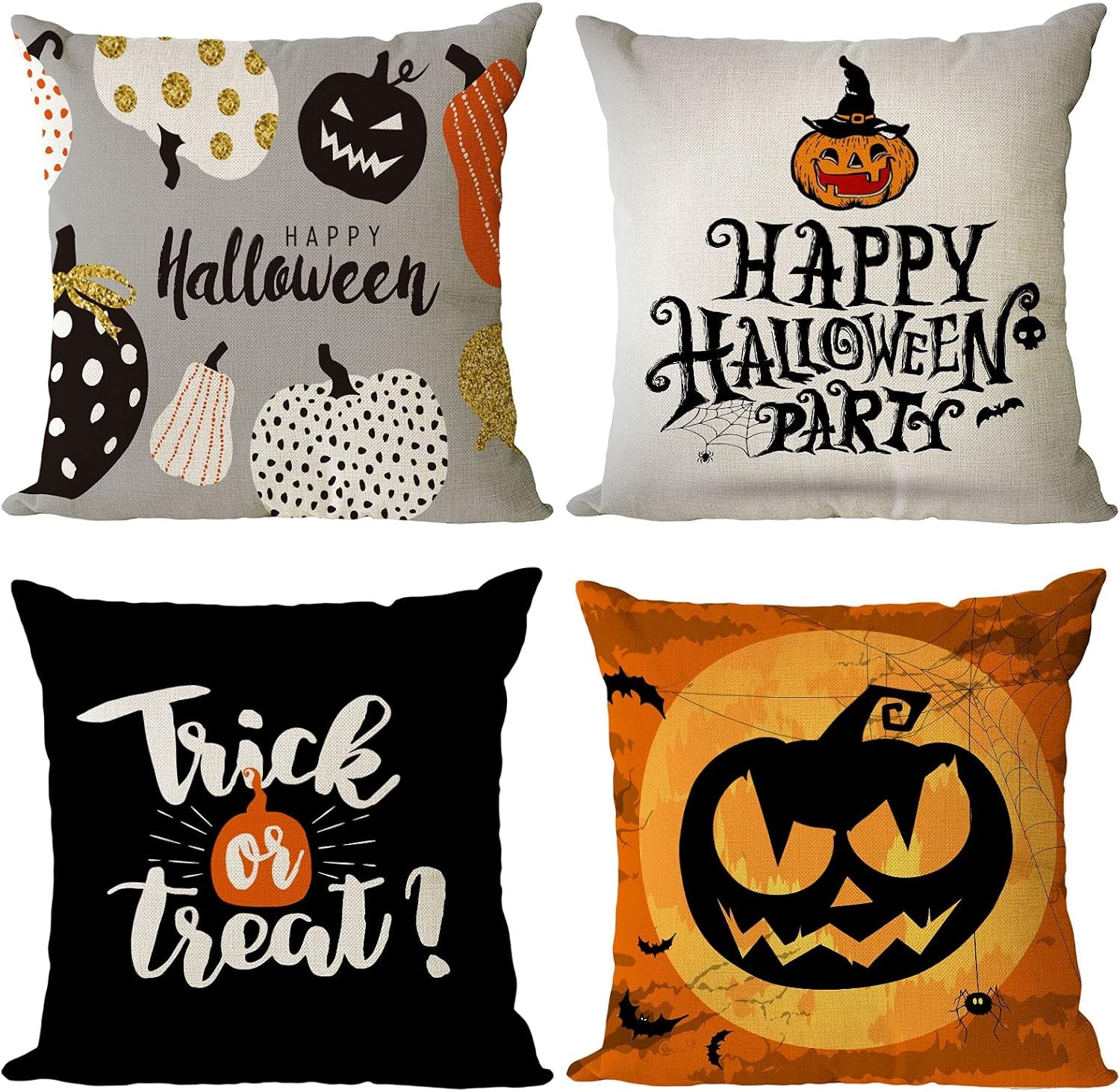 Set of 4 Halloween Pillow Covers 16X16 Inch Trick or Treat Pumpkin Decor Throw Pillow Covers Black Halloween Cushion Covers Linen Square Pillow Cases for Home Outdoor Sofa Couch (16 by 16)