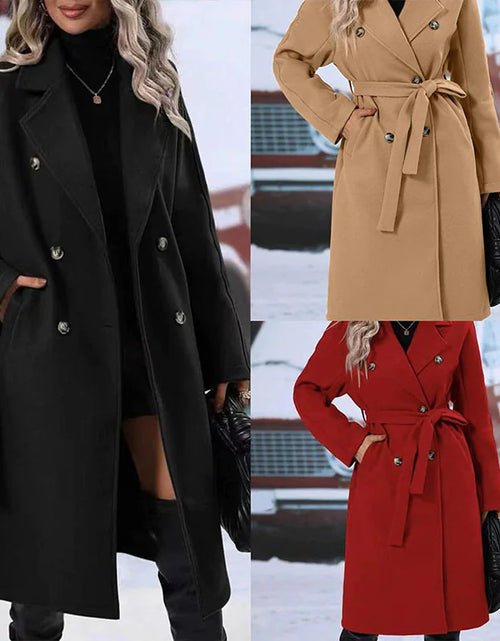 Load image into Gallery viewer, Women&#39;s Double-Breasted Trench Coat with Polo Collar and Lace-Up Belt: Thickened Solid Color Design
